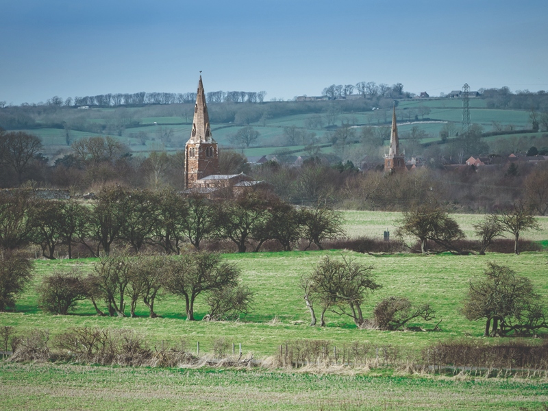 View across fields towards Melton Mowbray, UK