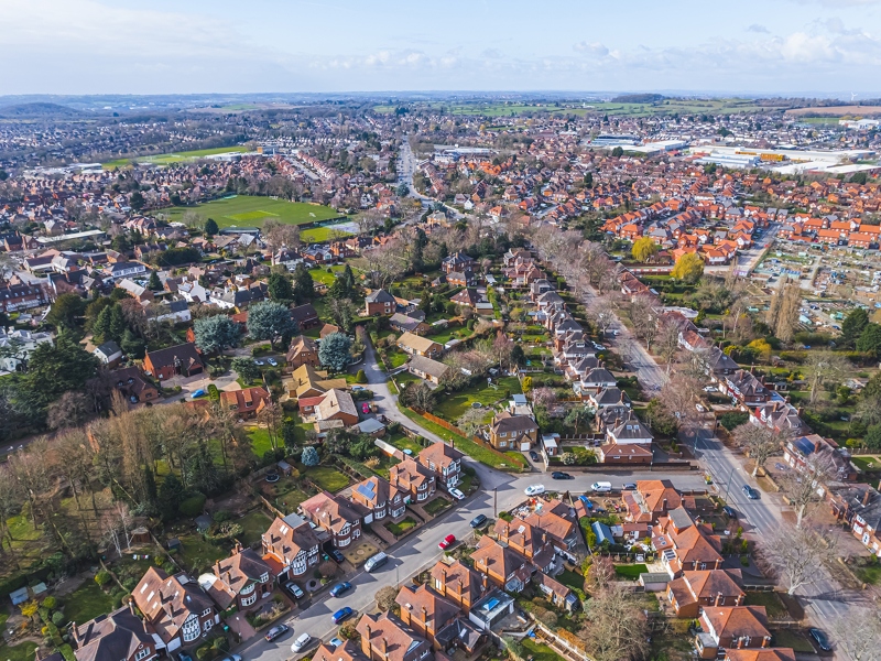 Scenic drone shot of Wollaton district on a beautiful day, suburb in Nottingham, UK.