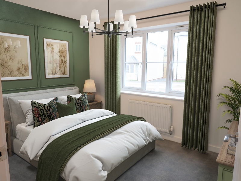 Interior view of a CGI dressed double bedroom taken in an actual 3 bedroom bungalow at Benson Grange, showing a double bed, bedside tables, curtains and framed art