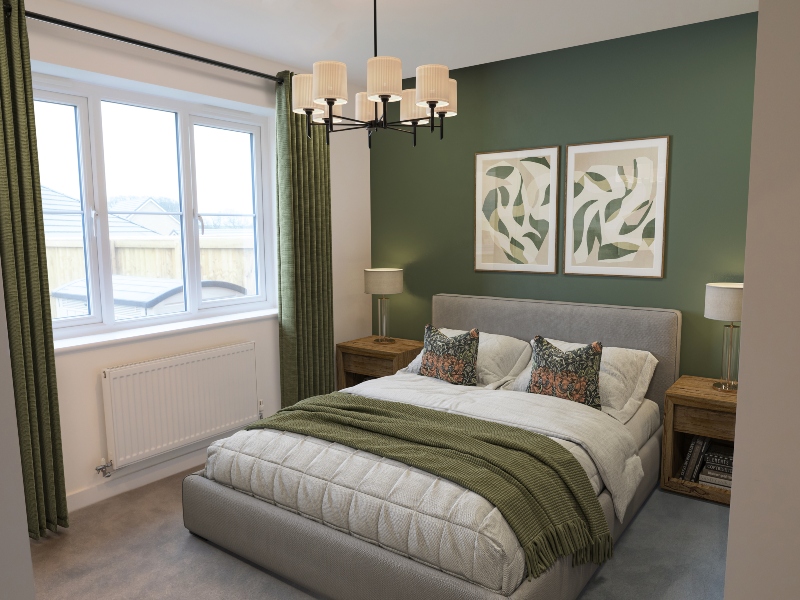 Interior view of a CGI dressed double bedroom taken in an actual 3 bedroom bungalow at Benson Grange, showing a double bed, bedside tables, curtains and framed art