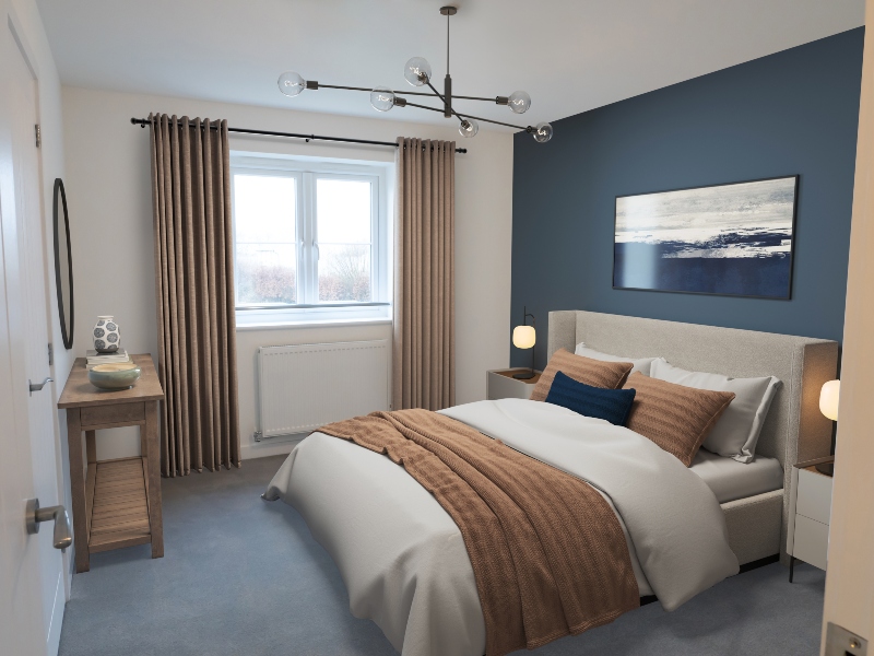 Interior view of a CGI dressed double bedroom taken in an actual 4 bedroom house at Benson Grange, showing a double bed, dressing table, mirror, curtains and framed art