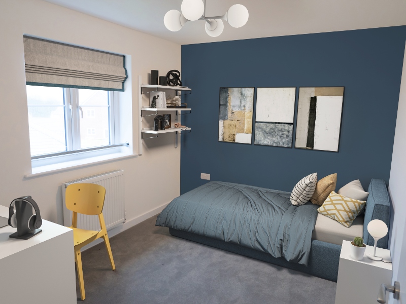 Interior view of a CGI dressed double bedroom taken in an actual 4 bedroom house at Benson Grange, showing a single bed, desk and chair, shelves and framed art