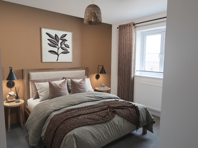 Interior view of a CGI dressed double bedroom taken in an actual 3 bedroom house at Benson Grange, showing a double bed, bedside tables, curtains and framed art