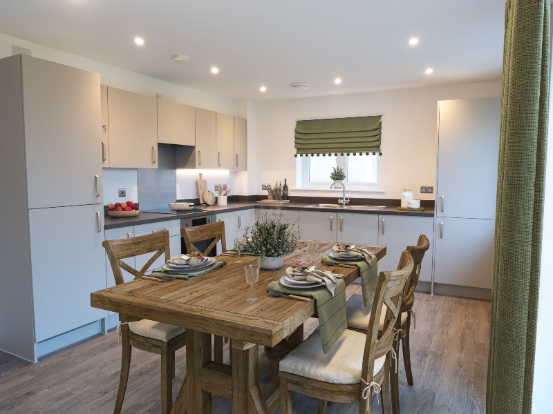 Interior CGI representation of a kitchen area with dining table and chairs taken in an actual 3 bed bungalow at Benson Grange