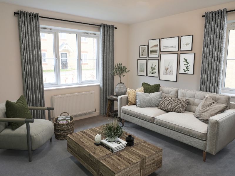 Interior CGI representation of a lounge area with sofa, chair, two windows with full length curtains, coffee table, taken in an actual 3 bed bungalow at Benson Grange