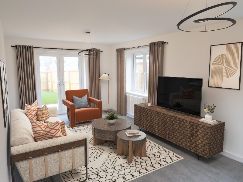 Interior CGI representation of a lounge area with sofa, chairs, coffee table and TV stand taken in an actual 4 bed house at Benson Grange