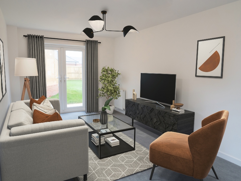 Interior CGI representation of a lounge area with sofa, chairs, coffee table and TV stand taken in an actual 4 bed house at Benson Grange