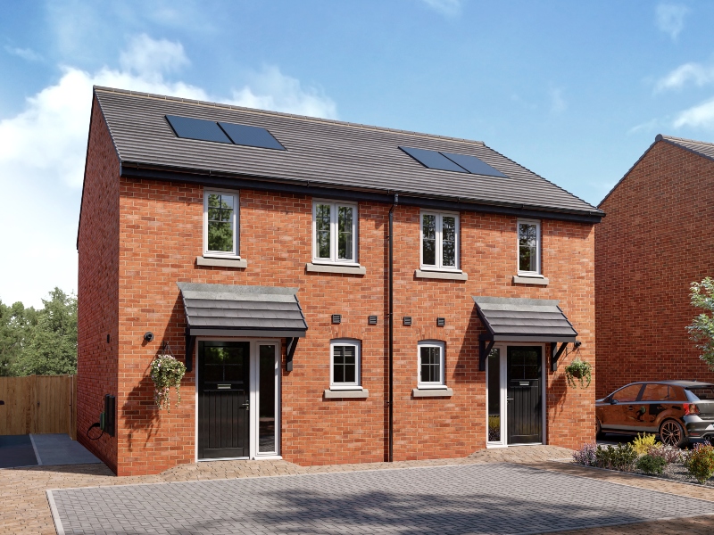 CGI representation of a front exterior of two, two bedroom houses at Millbrook Place