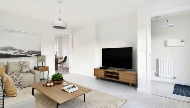 The lounge image shown is a CGI dressed representation, taken in an actual 2 bed house at Cross Trees Park