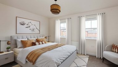 The bedroom image is a CGI dressed representation taken in the actual Plot 87, a three bedroom house at Old Stowmarket Road, Woolpit