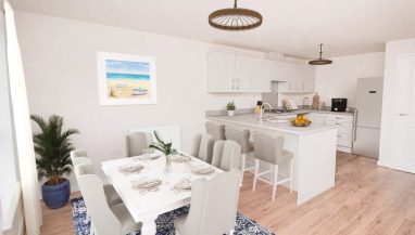 The photo of the kitchen - dining area shown is a CGI representation taken in an actual 4 bed House at Lakeside Boulevard