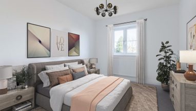 Image is a CGI representation of a bedroom in the actual Plot 24, Two Bed Shared Ownership Apartment at Woodside Grove, Bagshot, from Legal & General Affordable Homes