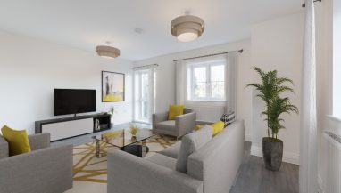 Image is a CGI representation of the lounge area in the actual Plot 24, Two Bed Shared Ownership Apartment at Woodside Grove, Bagshot, from Legal & General Affordable Homes