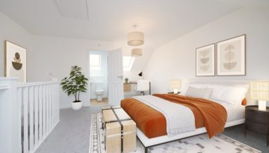 Interior image of a dressed CGI representation of a bedroom at The Junction
