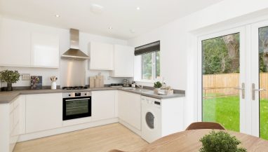CGI image representation of a kitchen interior of a three bed house at Sandpiper Grange, a collection of new 2 & 3 bedroom Shared Ownership houses in Cottam, Lancashire from Legal & General Affordable Homes.