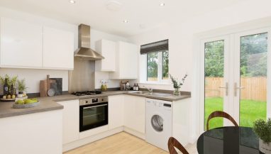 Image is a CGI representation of a kitchen interior of a two bed house at Sandpiper Grange, a collection of new 2 & 3 bedroom Shared Ownership houses in Cottam, Lancashire from Legal & General Affordable Homes.