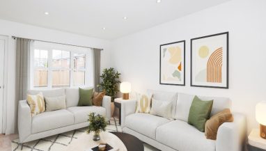 Image is a CGI representation of a lounge interior of a two bed house at Sandpiper Grange, a collection of new 2 & 3 bedroom Shared Ownership houses in Cottam, Lancashire from Legal & General Affordable Homes.