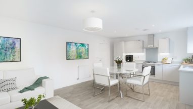 The kitchen - dining-area image is a CGI dressed representation taken at Plot 46, a Two Bedroom Shared Ownership Apartment at Icknield Way, Tring, from Legal & General Affordable Homes
