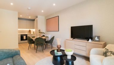 photo of the loungs and kitchen area in the 2 bed show apartment at East River Wharf, Newham