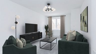 Image is a CGI representation of a lounge with chairs, table and TV taken in an actual 2 bedroom house at Wykin Meadows, Shared Ownership Homes from Legal And General Affordable Homes