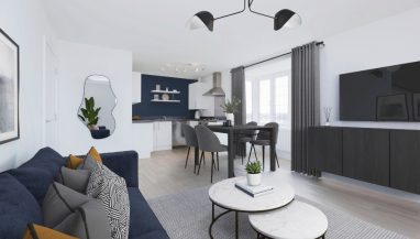 Image is a CGI representation of a kitchen/ lounge area taken in an actual 1 bedroom apartment at Wykin Meadows, Shared Ownership Homes from Legal And General Affordable Homes