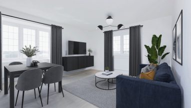 Image is a CGI representation of a lounge area taken in an actual 1 bedroom apartment at Wykin Meadows, Shared Ownership Homes from Legal And General Affordable Homes