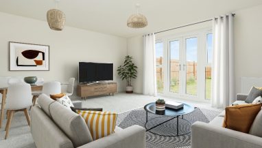 The lounge image shown is a CGI dressed representation, taken in an actual 3 bed house at Kirby Green