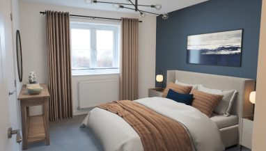 Interior view of a CGI dressed double bedroom taken in an actual 4 bedroom house at Benson Grange, showing a double bed, dressing table, mirror, curtains and framed art