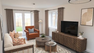 Interior CGI representation of a lounge area with sofa, chairs, coffee table and TV stand taken in an actual 4 bed house at Benson Grange