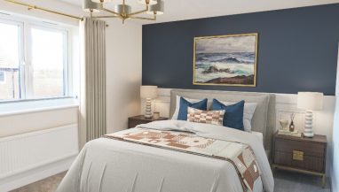 Interior CGI dressed representation of a double bedroom with bed, radiator, window, light fitting and framed painting.