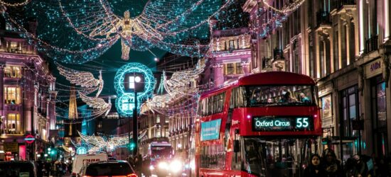 Oxford Street in London Decorated with Christmas lights and decorations