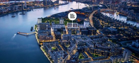 Aerial CGI representation of the East River Wharf development area, Newham, London