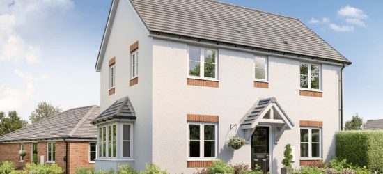CGI representation of an exterior of a 2 story, 3 bed house. White rendering, windows either side of the front door on the ground floor, 3 on the next floor.