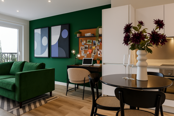 CGI rendition of a possible forest green feature wall at The Acer Apartments