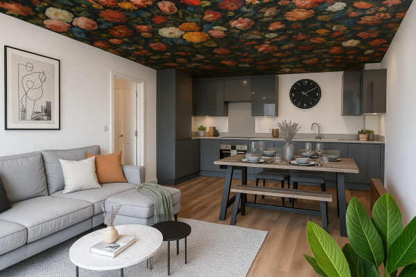 CGI rendition of a wallpapered ceiling at our Perry Barr Village apartments