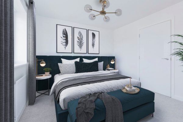 Image is a CGI representation of the bedroom taken in an actual 1 bedroom apartment at Wykin Meadows, Shared Ownership Homes from Legal And General Affordable Homes