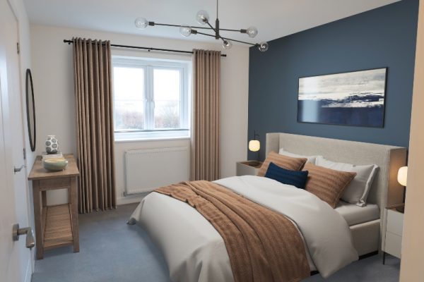 Interior view of a CGI dressed double bedroom taken in an actual 4 bedroom house at Benson Grange, showing a double bed, dressing table, mirror, curtains and framed art
