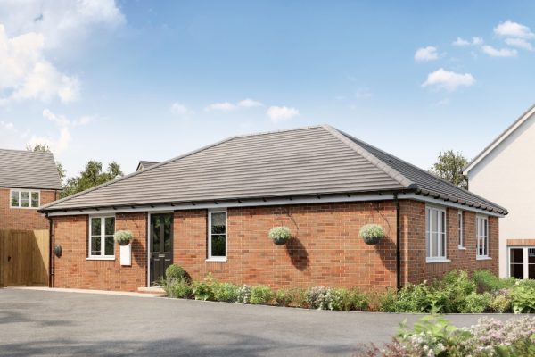 CGI representation of an exterior of a 1 story, 3 bed bungalow. Brick rendering, windows either side of the front door on the ground floor.