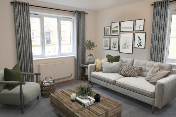 Interior CGI representation of a lounge area with sofa, chair, two windows with full length curtains, coffee table, taken in an actual 3 bed bungalow at Benson Grange