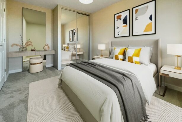 Interior image CGI dressed representation of a bedroom in an actual home at St Mary's Village