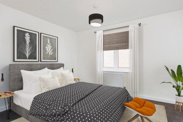 The photo of the bedroom image shown is a CGI dressed representation, taken in an actual apartment at Kilnwood Vale
