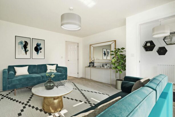 Photo of the lounge image is a CGI Dressed representation taken in an actual home at Edwalton Park.