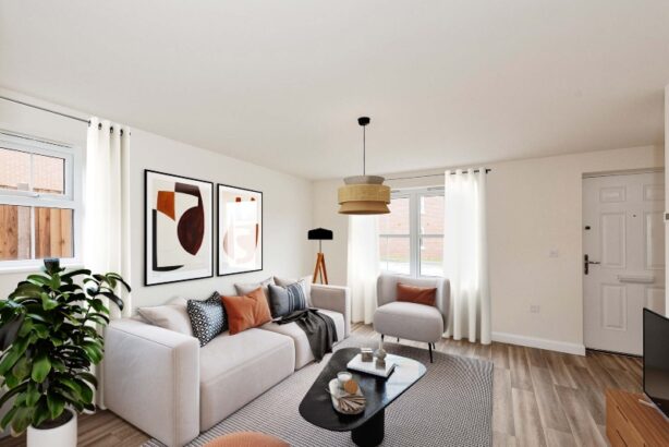 The lounge image is a CGI dressed representation taken in the actual Plot 87, a three bedroom house at Old Stowmarket Road, Woolpit