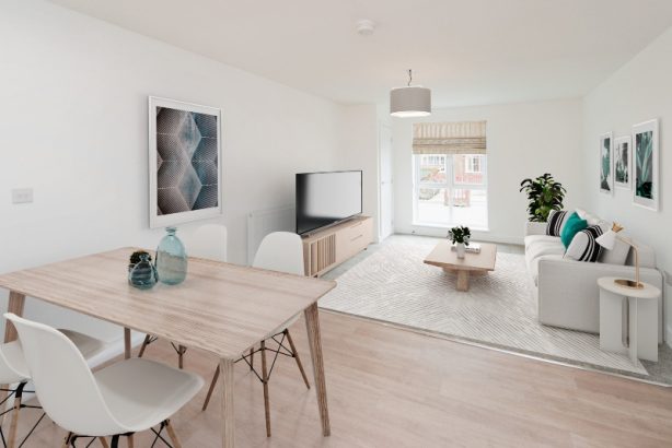 Interior photo of the lounge dining room image shown is a CGI dressed representation taken in an actual Two Bed Apartment at Stoke Manor, Seaford