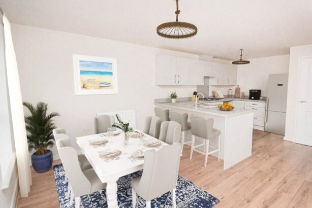 The photo of the kitchen - dining area shown is a CGI representation taken in an actual 4 bed House at Lakeside Boulevard