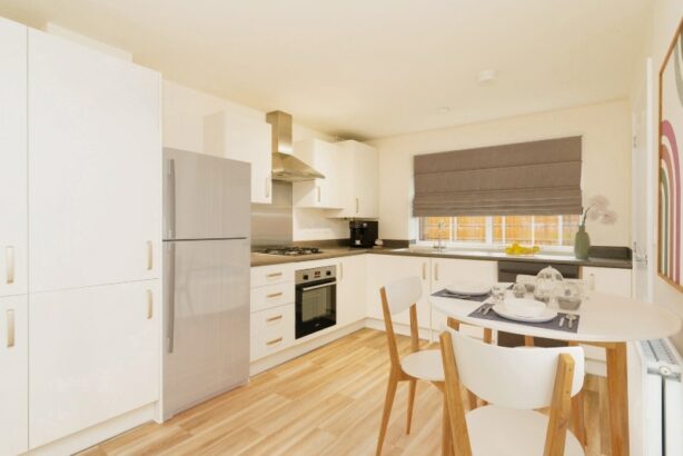 The kitchen-diner image shown is a CGI representation of an actual Shared Ownership house at The Ostlers.