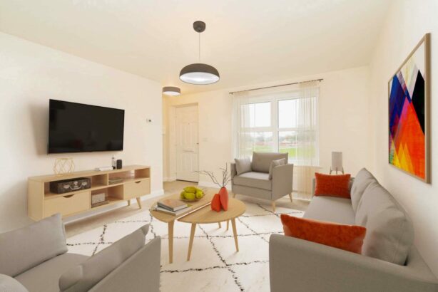 The lounge image shown is a CGI representation of an actual Shared Ownership house at The Ostlers.