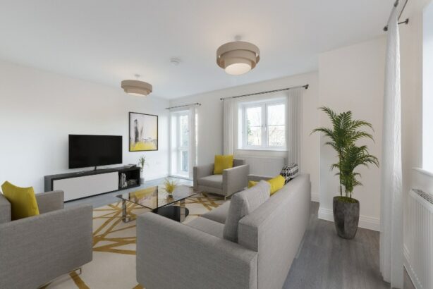 Image is a CGI representation of the lounge area in the actual Plot 24, Two Bed Shared Ownership Apartment at Woodside Grove, Bagshot, from Legal & General Affordable Homes