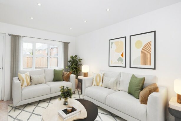Image is a CGI representation of a lounge interior of a two bed house at Sandpiper Grange, a collection of new 2 & 3 bedroom Shared Ownership houses in Cottam, Lancashire from Legal & General Affordable Homes.