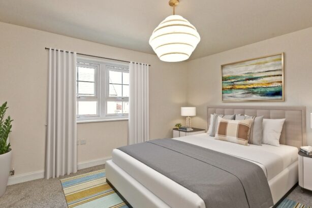 Photo of the bedroom shown is a CGI representation taken in an actual 3 bed house at Cottam Gardens